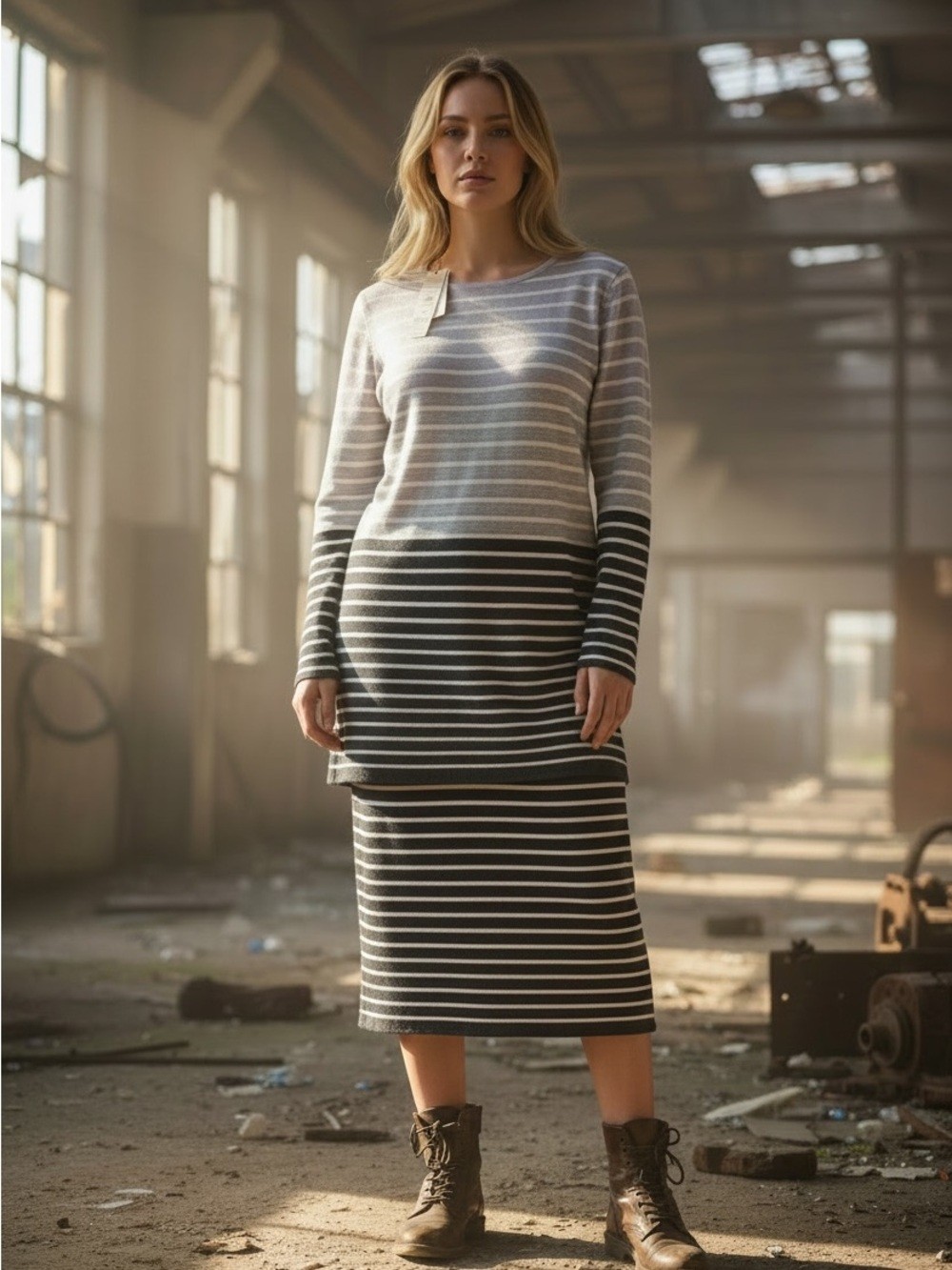 Charlie Paige Gray and Black Striped Midi Dress