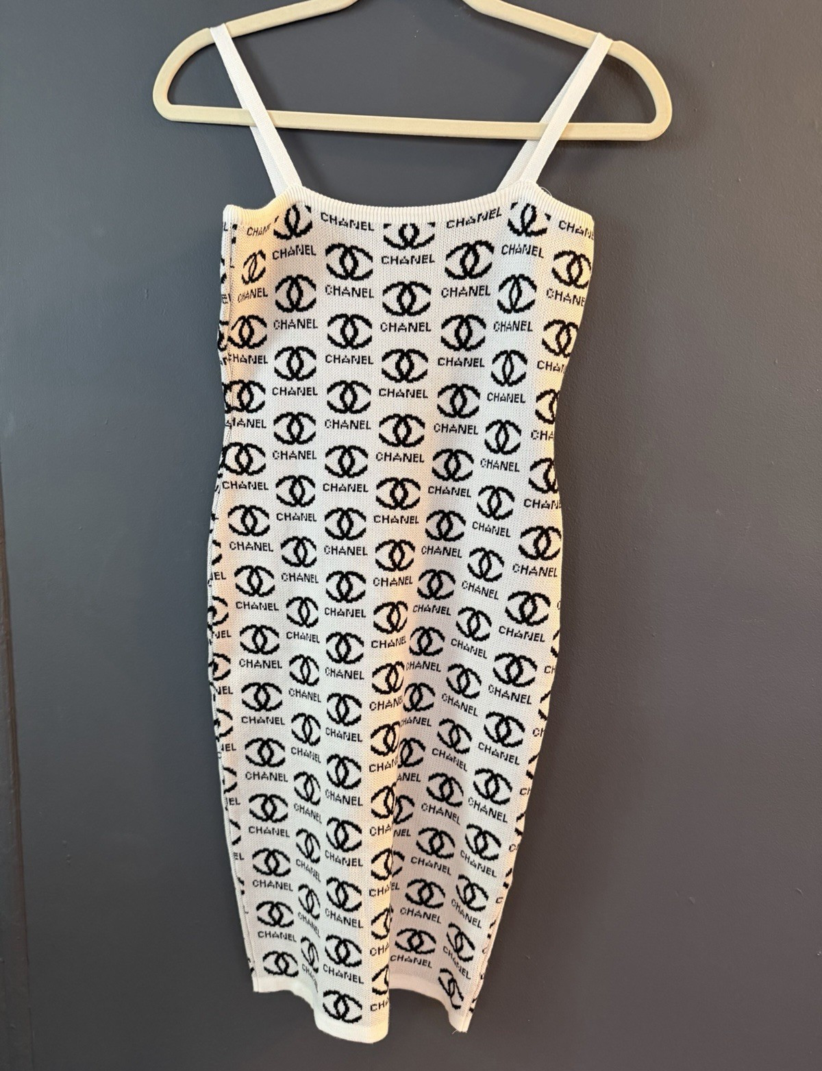 CHANEL White/Black Logo Knit Bodycon Midi Dress Spaghetti Strap Square Neck S