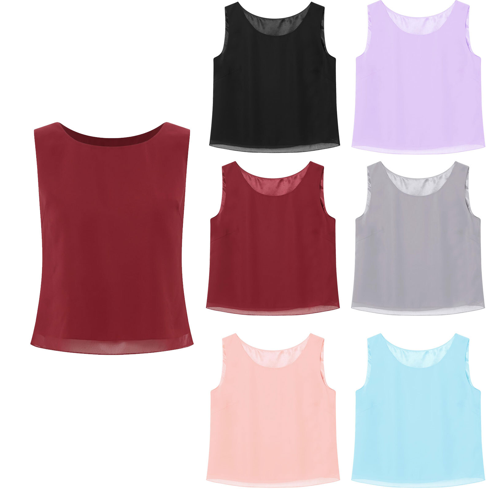 US Women Round Neck Vest Tops Summer Chiffon Layer Tank Top Loose Fit T-Shirts