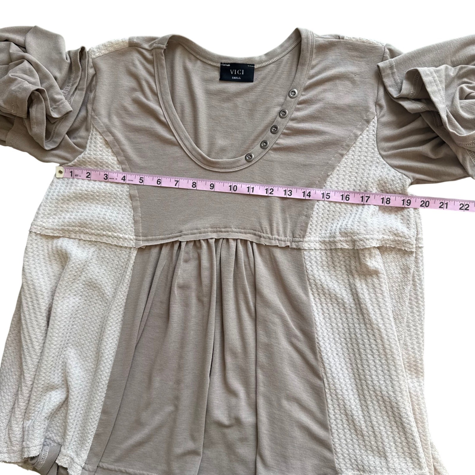 VICI Womens Small Taupe Waffle Knit Babydoll Bell Sleeve Top Boho Peasant Fairy