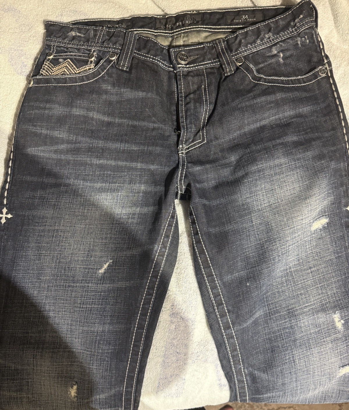 Affliction Black Premium Men’s Relaxed Bootcut Blue Dark Wash Distressed