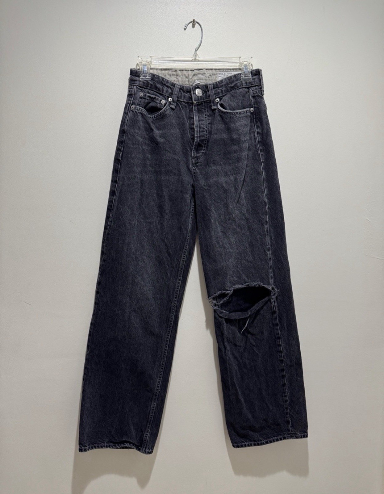 rag & bone Women’s Logan Mid-Rise Wide-Leg Jeans Charcoal Wash Distressed