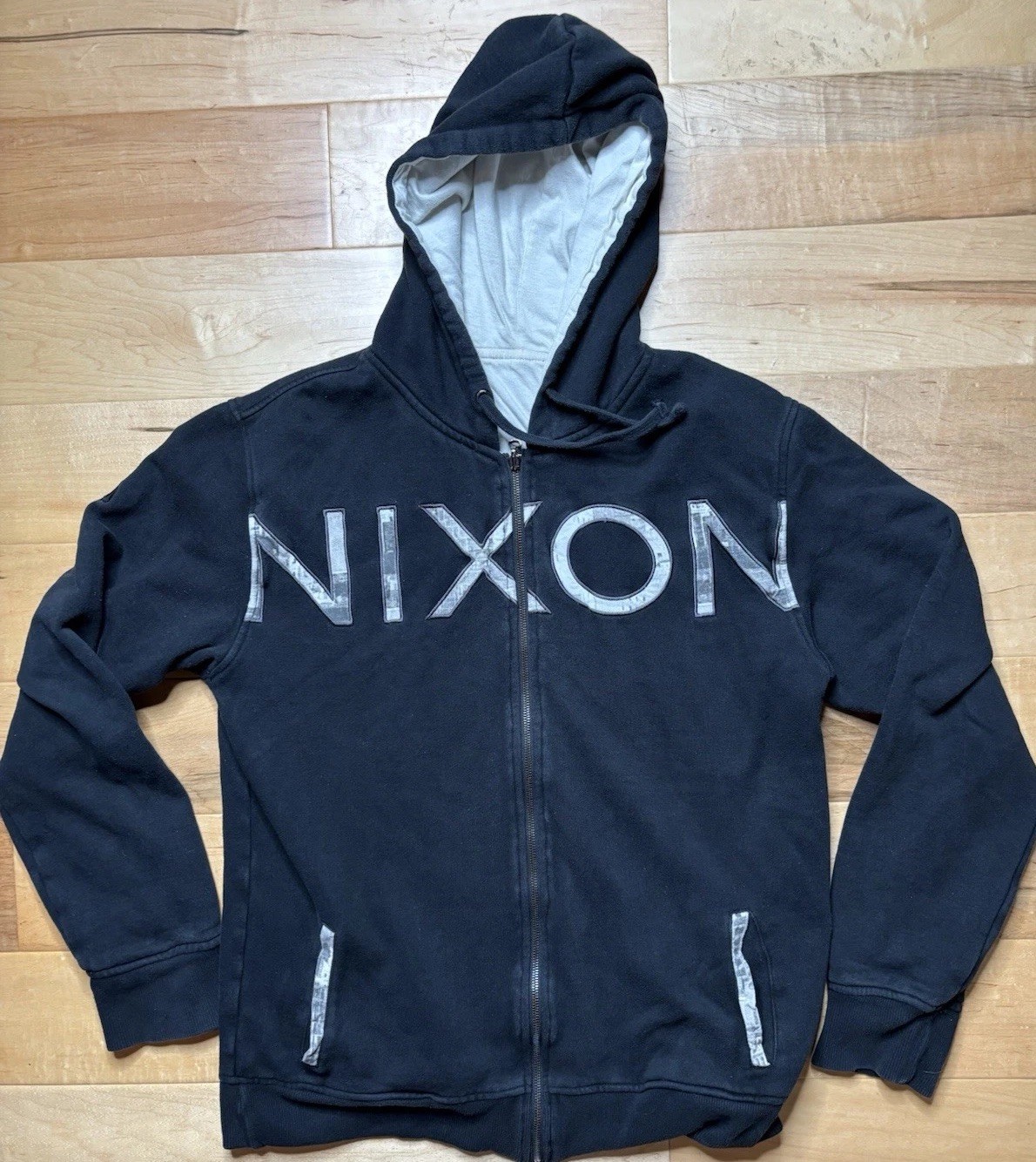 Nixon Full Zip Black Hoodie Men Sz L Skater Street Wear Spell Out