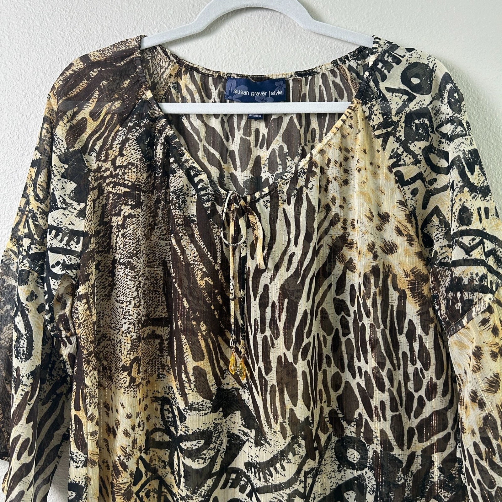 Susan Graver Tunic Top Womens Size M Brown Tan Chiffon Animal Print Metallic