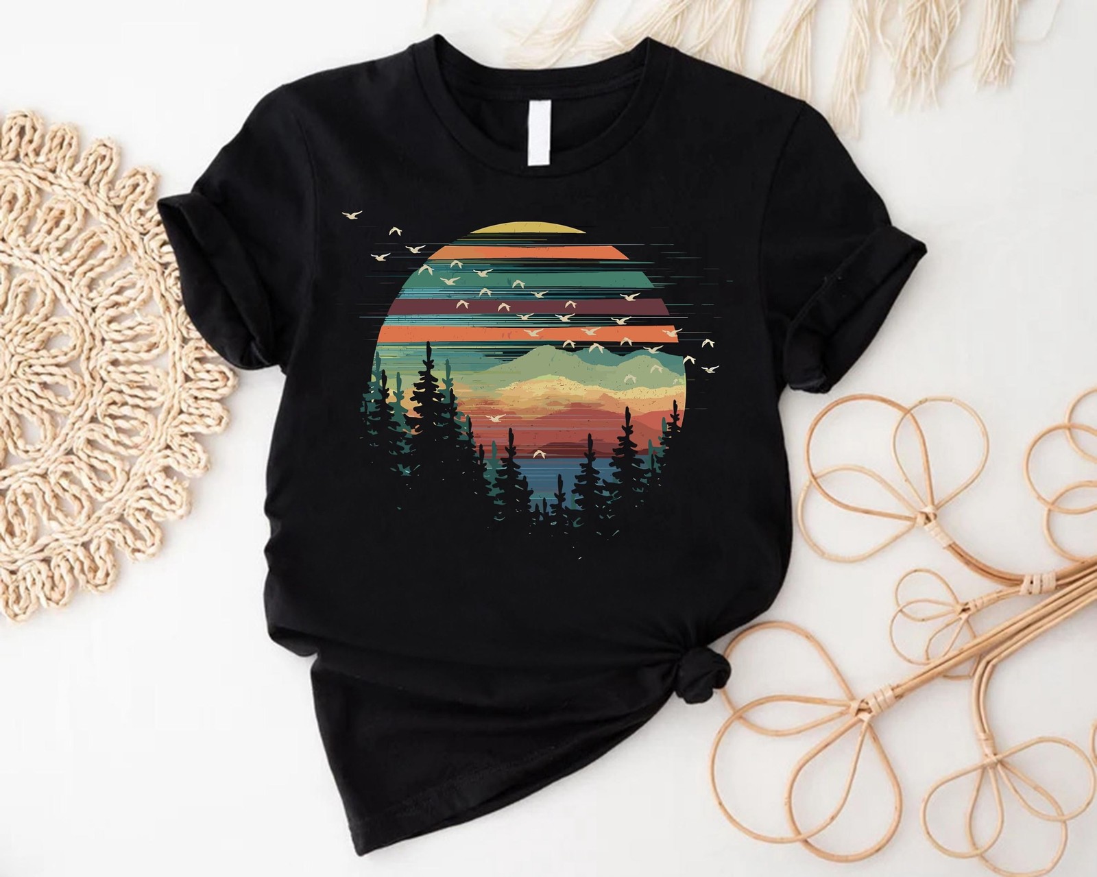 Retro Forest Sunset T-Shirt Nature Lover Gift