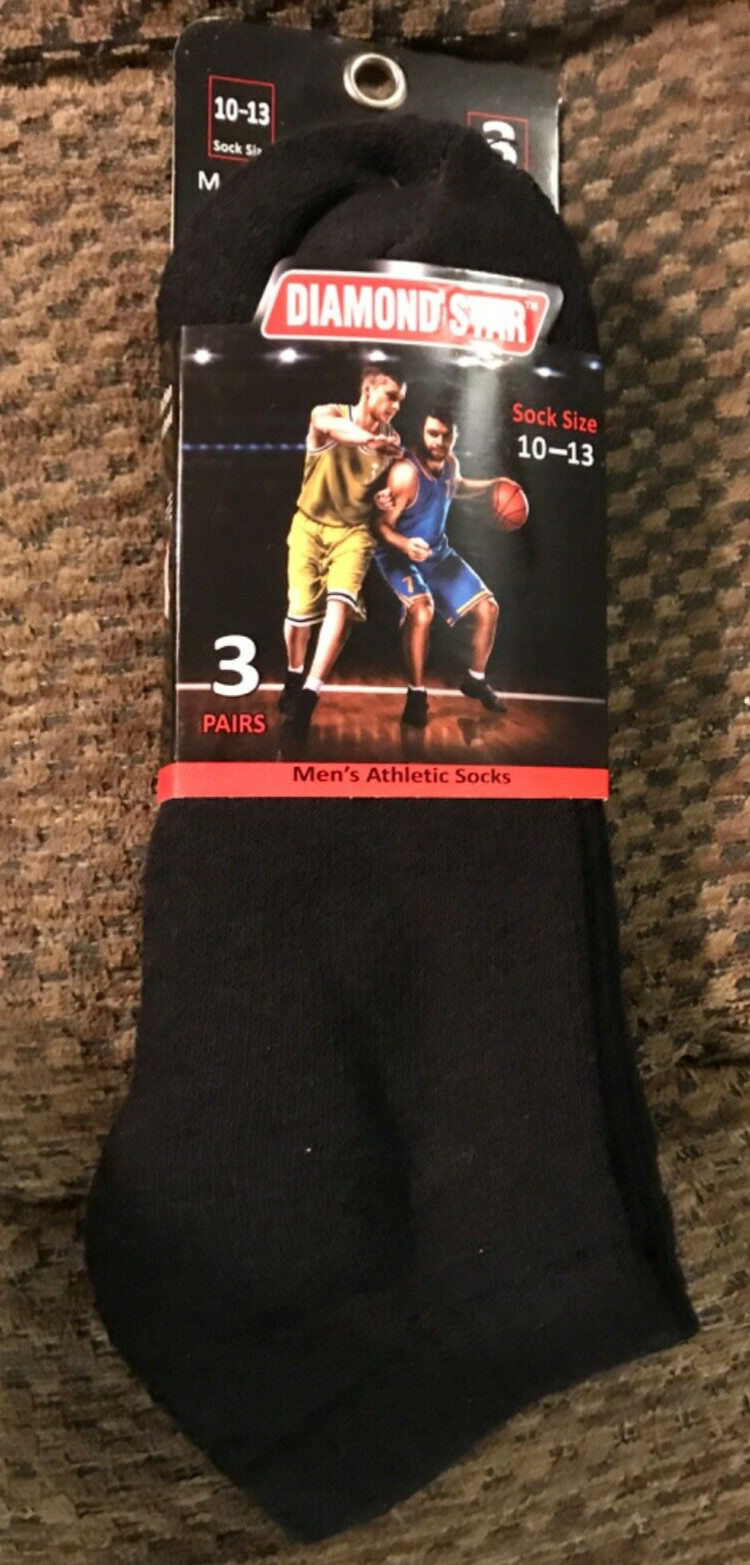 Three Diamond Star Socks Black Athletic 10-13 cotton spandex shoe Sz 6-12