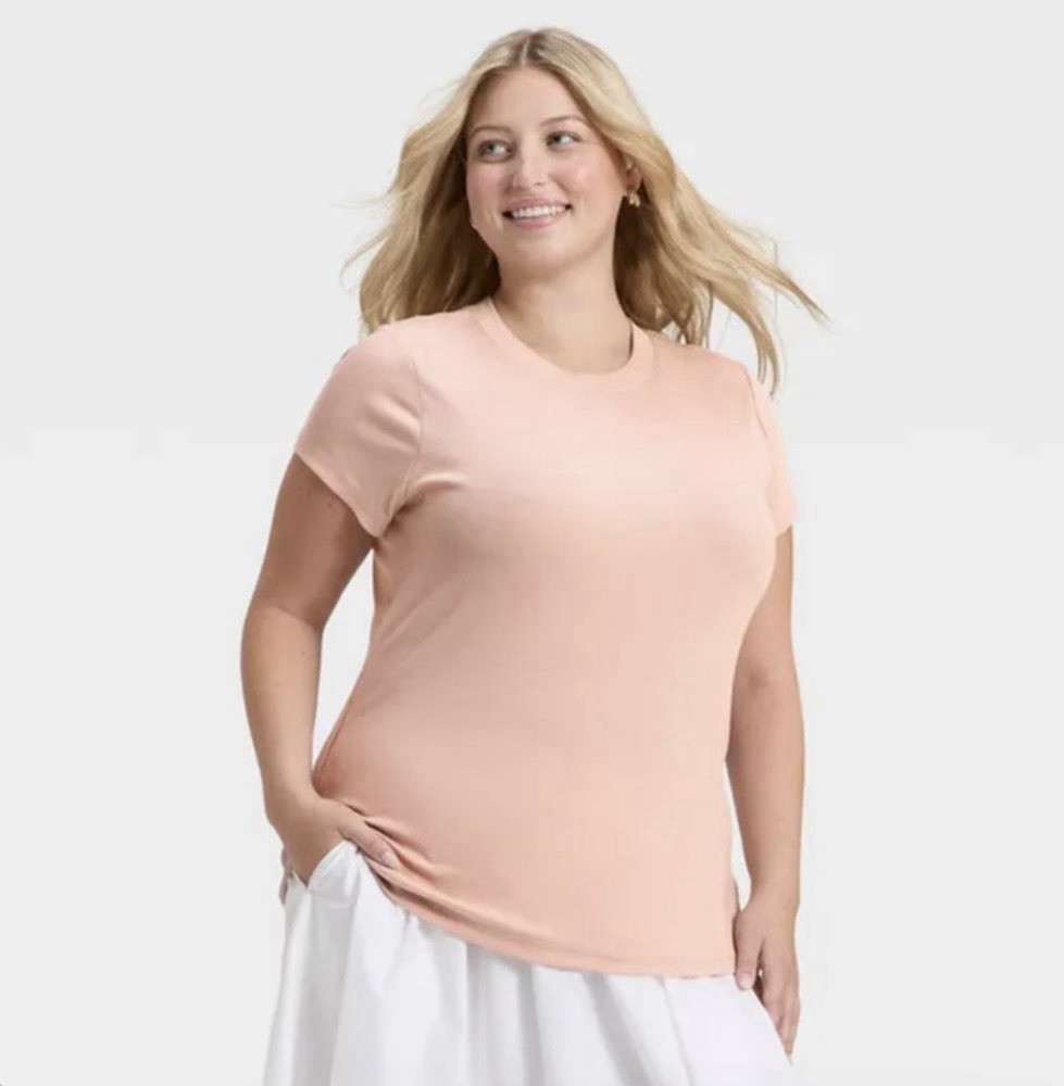 A New Day Women’s Pink Ribbed Knit Crew Neck Short Sleeve T-Shirt Plus 2X
