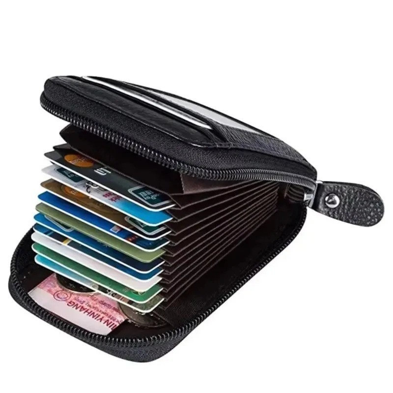 Leather Credit Card Holder RFID-Blocking Zipper Pocket Wallet with ID Window