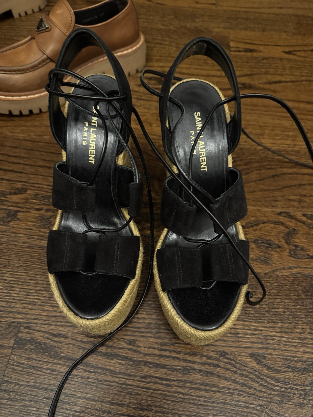 Saint Laurent Women’s Black Suede Espadrille Wedge Ankle Strap Sandals