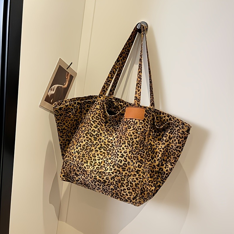 Leopard Print Tote Bag – Large Capacity Nylon Shoulder Bag Open Top Design