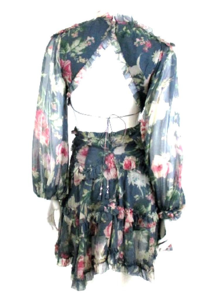 ZIMMERMANN FLORAL PRINT IRIS CORSAIR OPEN BACK RUFFLED SILK MINI DRESS SZ.1/XS