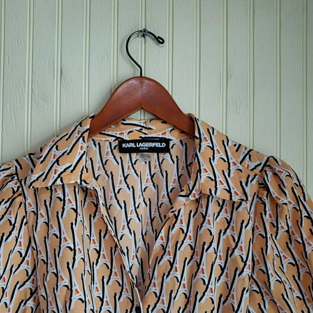 Karl Lagerfeld Paris Shirt Dress Womens 10 Beige Eiffel Tower Short Belted