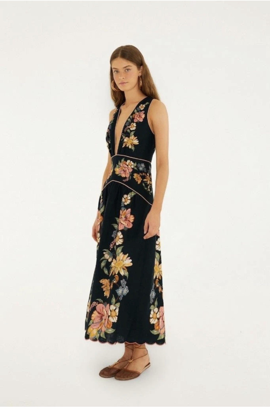 NWT AUTH FARM RIO Dark Blue Maira Floral Premium Linen Midi Dress Sz MEDIUM M