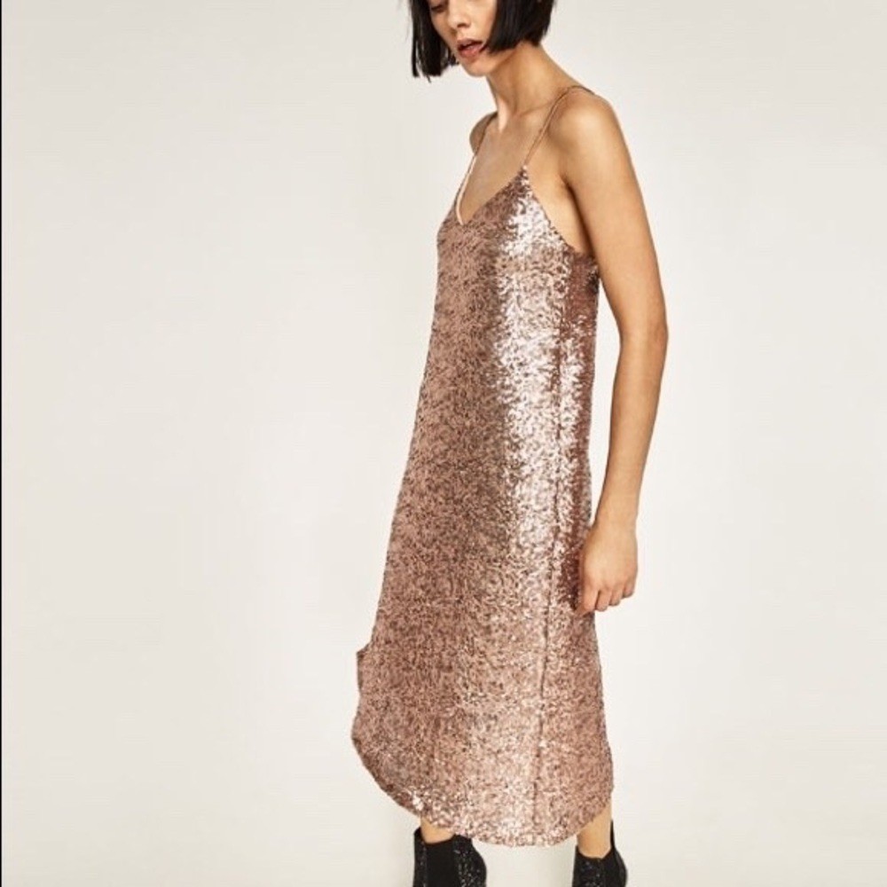 ZARA NUDE PINK LONG SEQUINED DRESS BEAD STRAPS FW16 SIZE M (MEDIUM) NEW TAGS