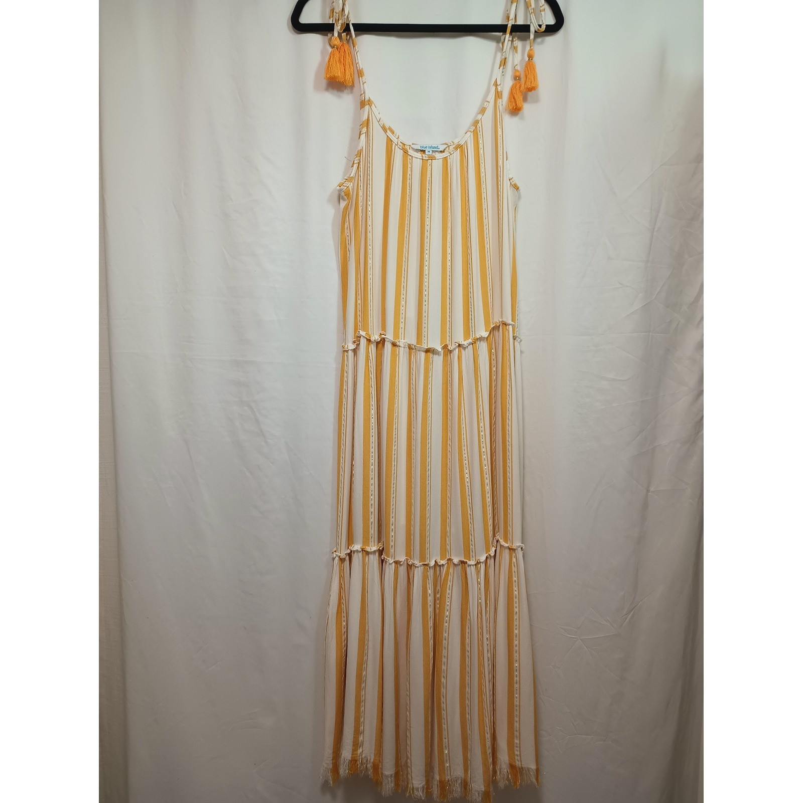 Blue Island Mustard Yellow Striped Maxi Dress Metallic Gold Tassel Tiered Medium