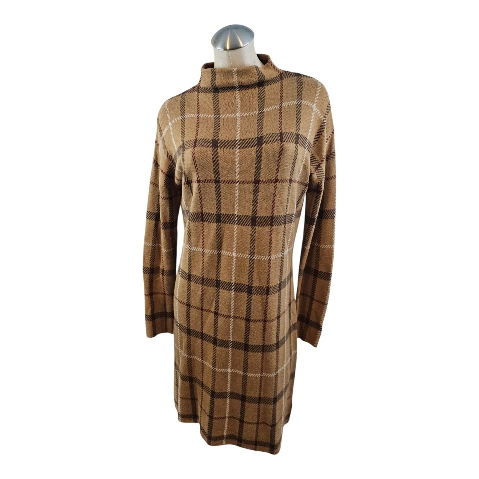 Rachel Zoe Size M Tan Plaid Sweater Dress Windowpane Knit