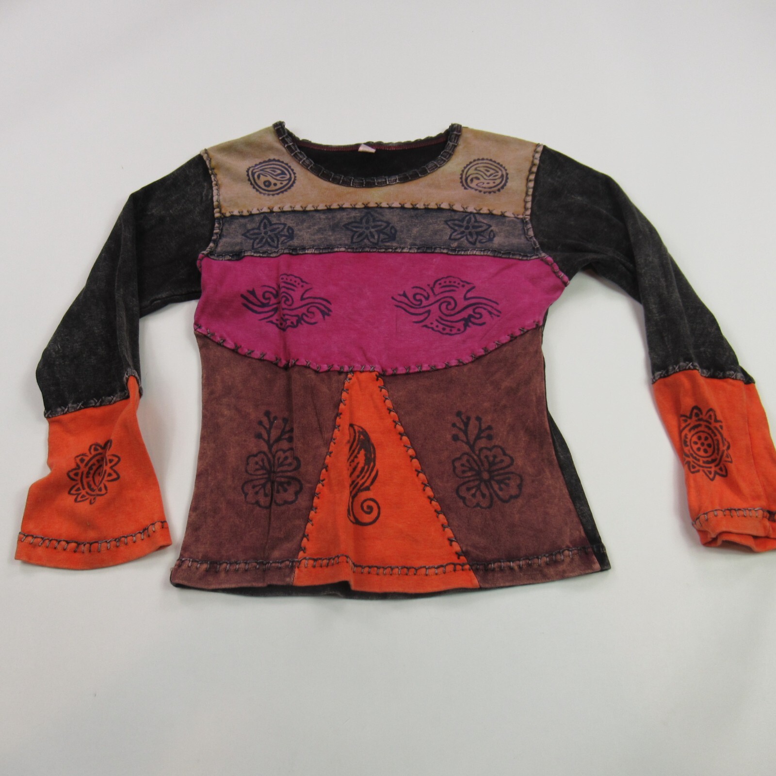 Womens Shirt Size Large Long Sleeve Stretch Crew Neck Patchwork