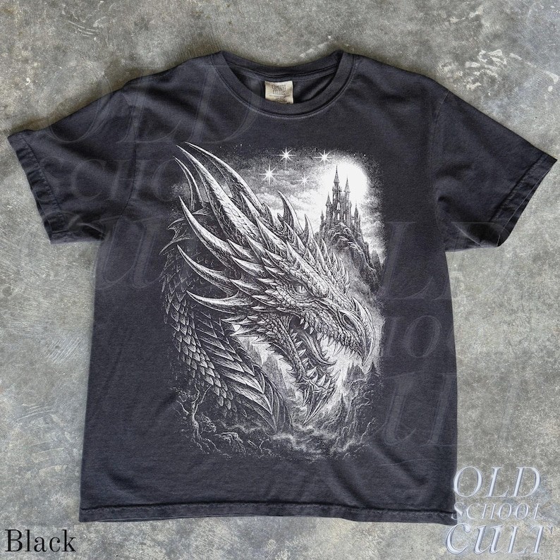 Vintage 90s Dragon Castle Graphic T-Shirt Retro Medieval Fantasy Tee