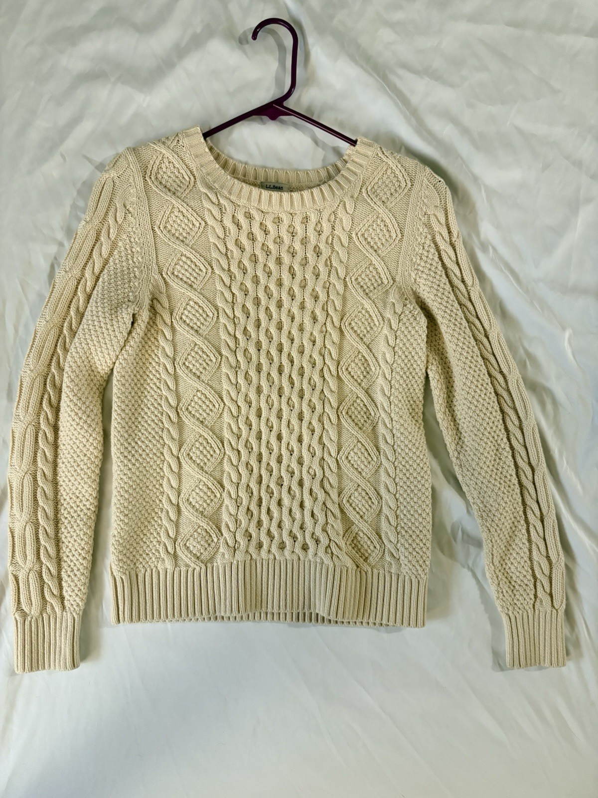 LL Bean Signature Sweater Womens Cream Fisherman Cable Knit Academia Chunky SM