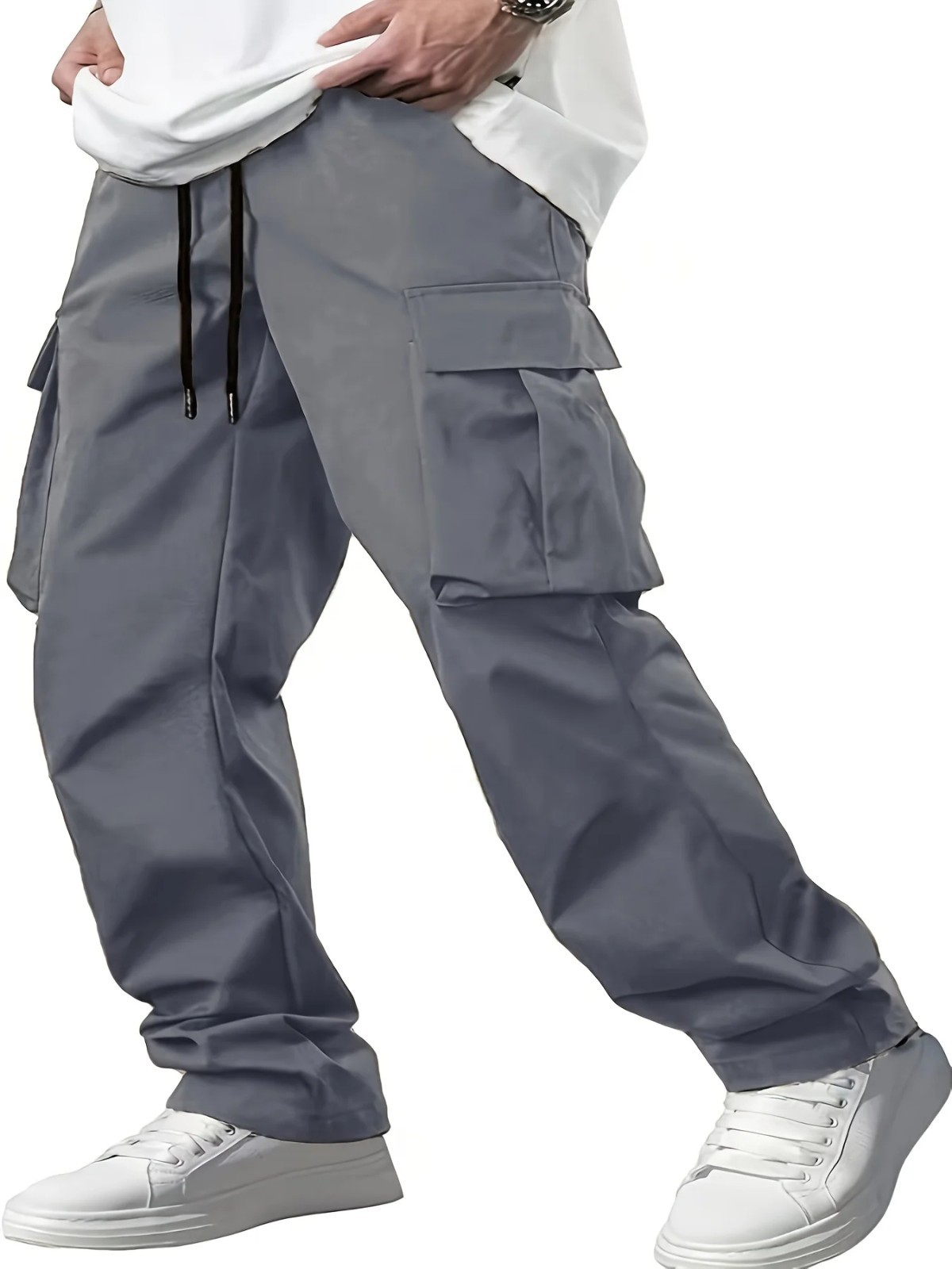 Mens Cargo Jogger Pants Drawstring Loose Fit Multi Pocket Casual Trousers