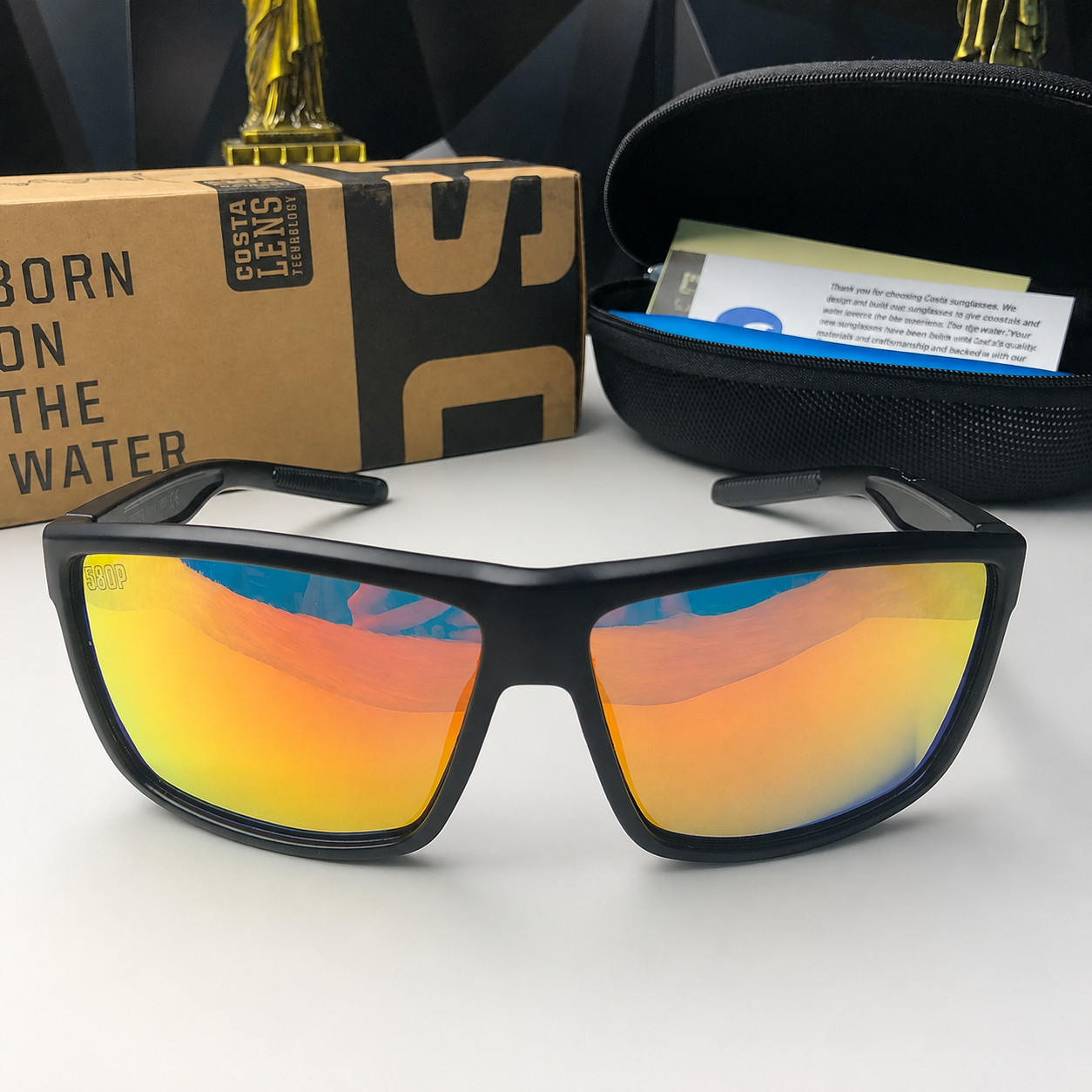 NEW Costa Del Mar Rincon Polarized UV Black Frame Orange Mirror Sunglasses