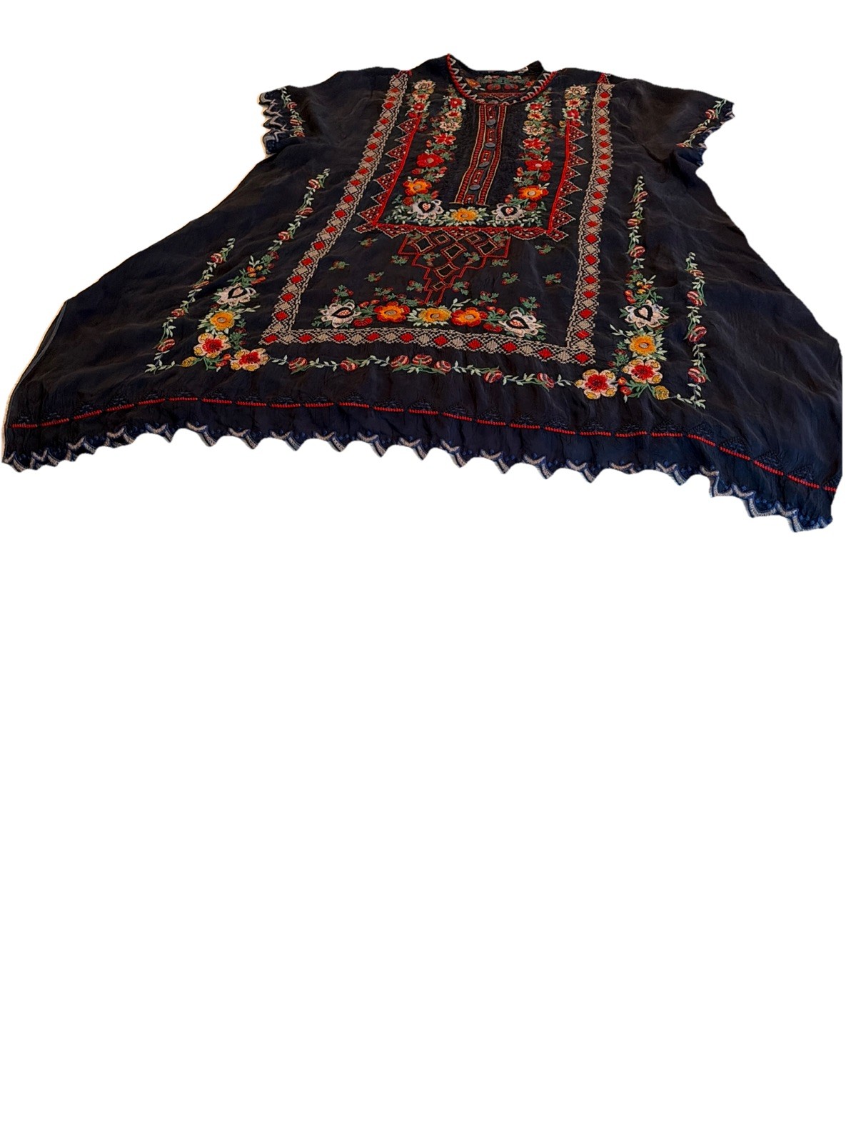 JOHNNY WAS BOHO EMBROIDERED TUNIC TOP ROYAL BLUE Size L Beautiful Embroidery