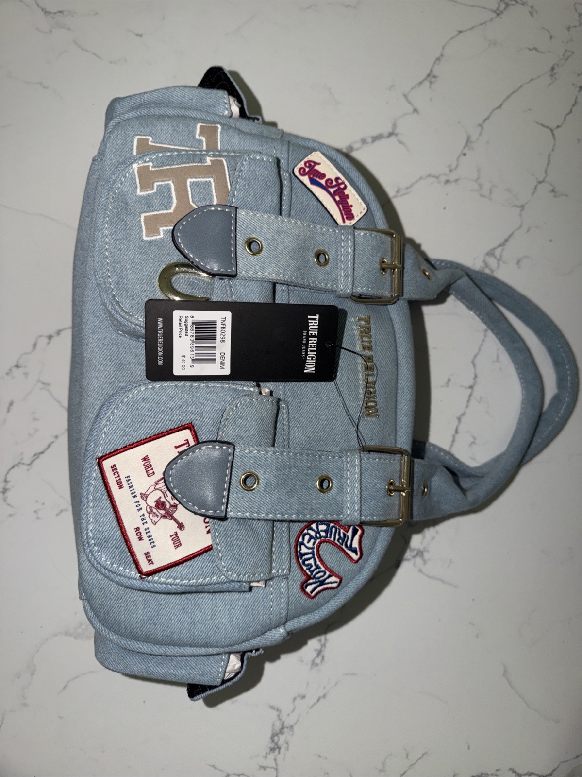 NEW TRUE RELIGION MULTI-POCKETS LIGHT BLUE DENIM TOTE/SHOULDER BAG NWT