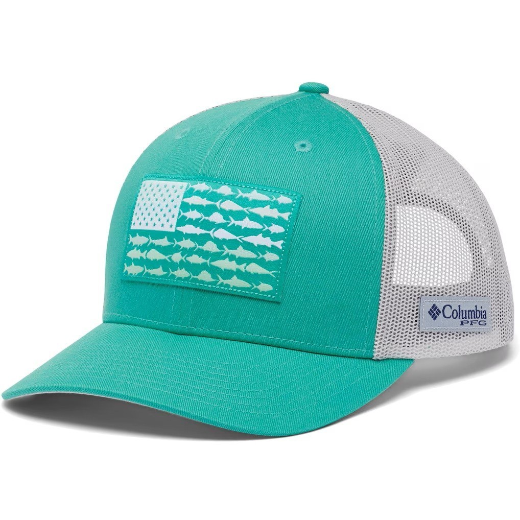 Columbia PFG FISH FLAG GREEN WHITE MESH HAT CAP FISHING SNAPBACK