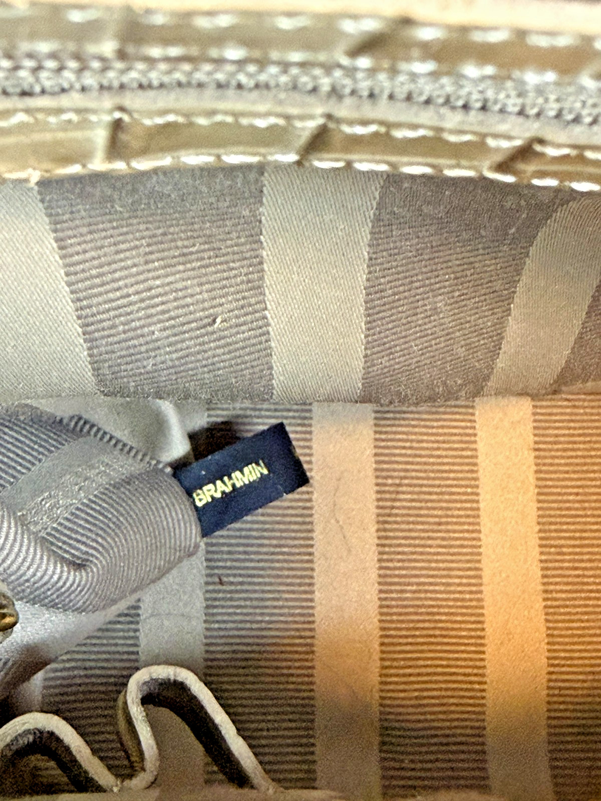 Brahmin Anywhere Convertable Satchel Tri Color Linen Vanilla Brown Embossed Croc