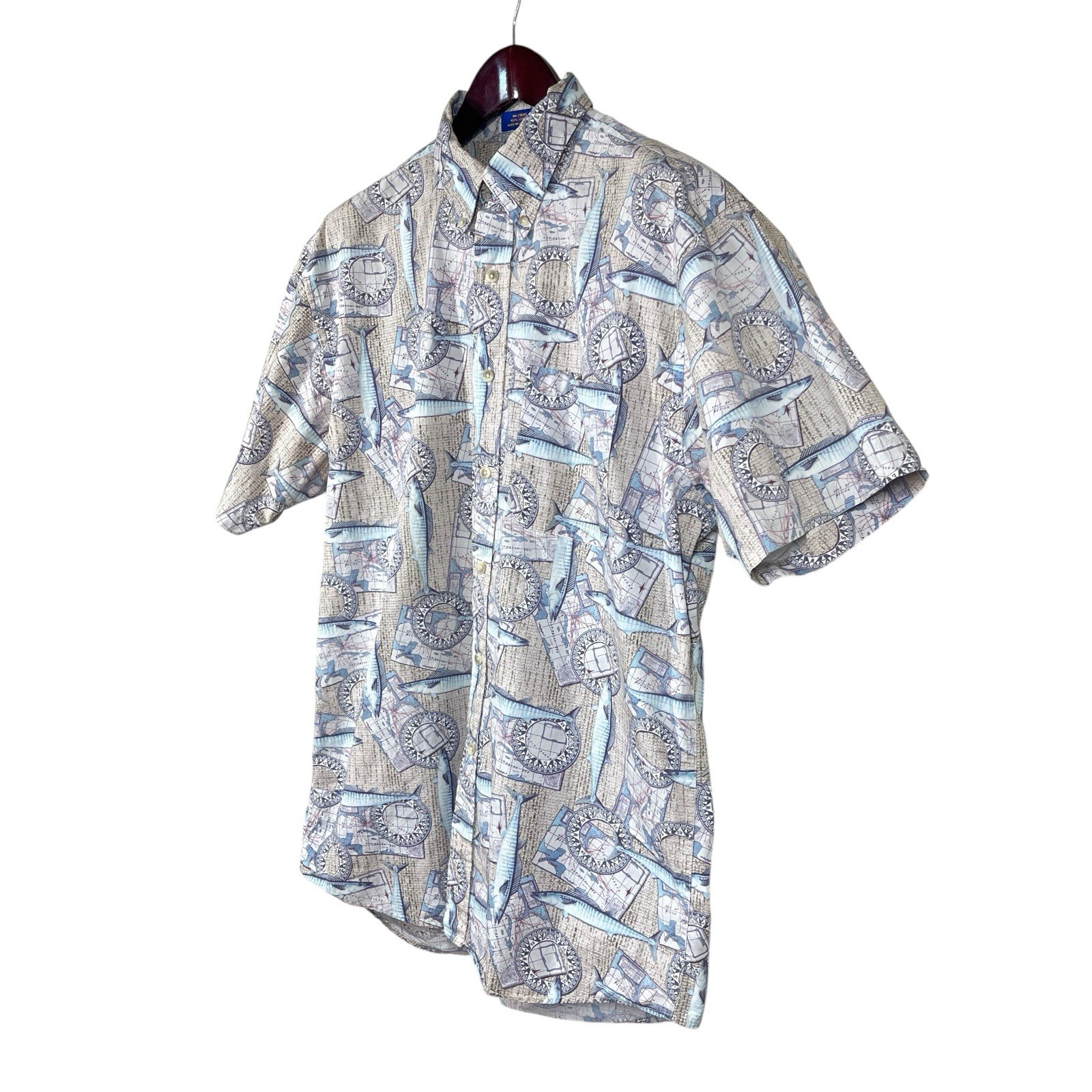 Pendleton Cotton Short Sleeve Button Up Shirt Mens L Fish Nautical Compass Print