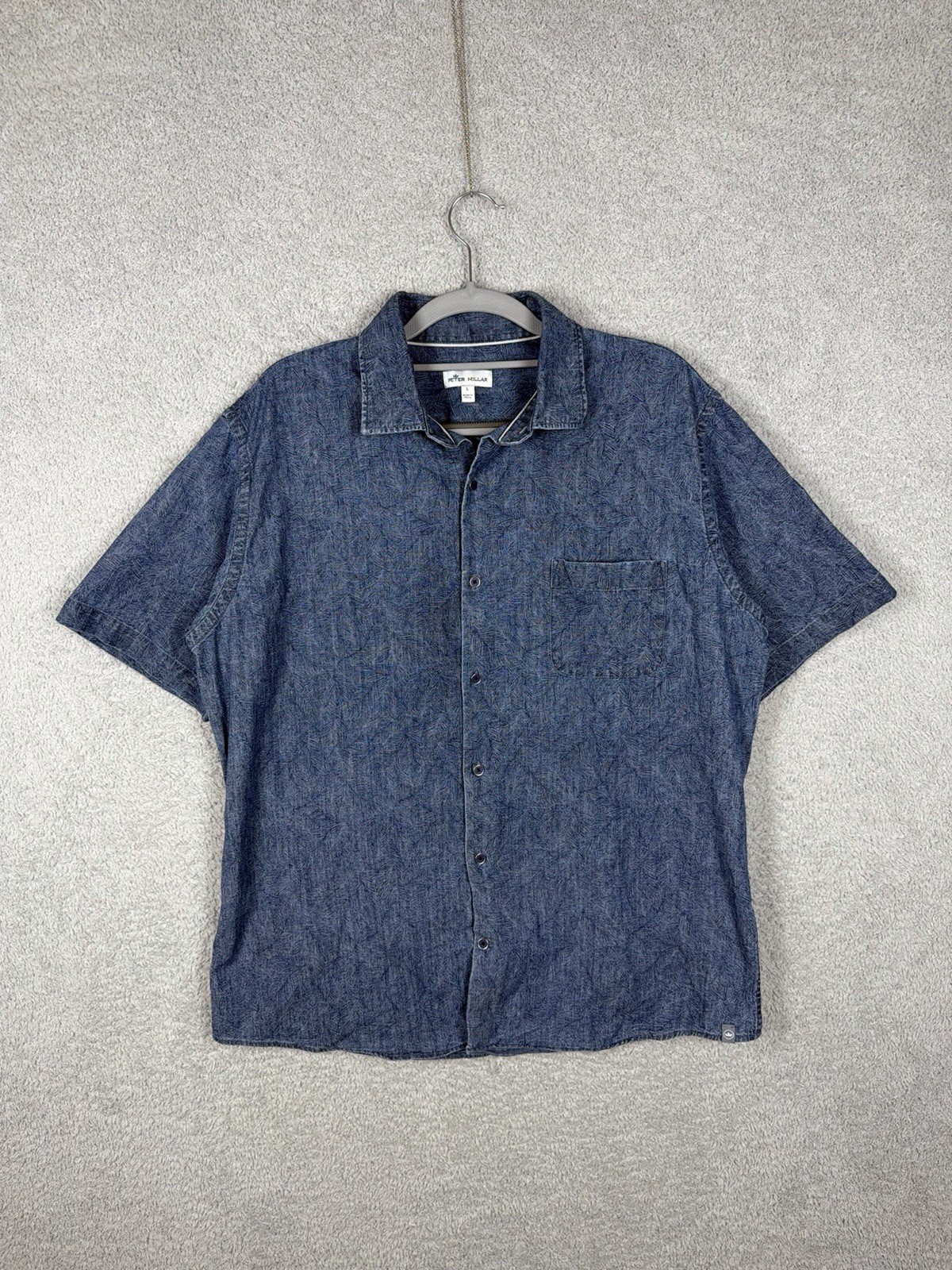 Peter Millar Mens Sz L Blue Abstract Leaf Print Short Sleeve Button Down Shirt