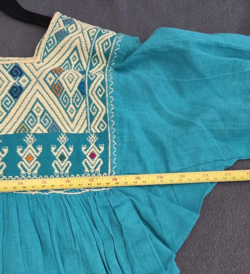 Teal Embroidered Peasant Tunic Top Women S/M Boho Lightweight Artisan Style