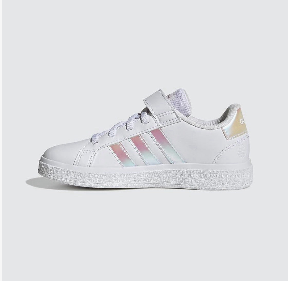 Size 7Y – Adidas Grand Court 2.0 Kids Strap Slip On White Reflective Logo Shoes