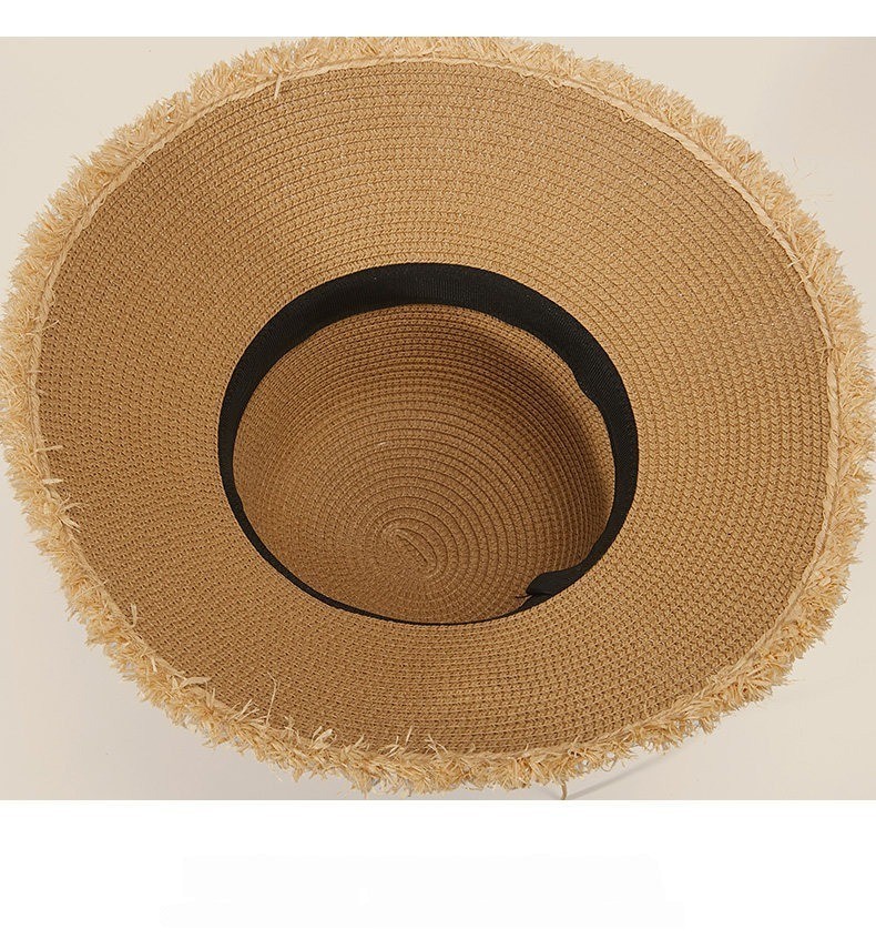 Women Natural Raffia Straw Bucket Hat Fringed Wide Brim Beach