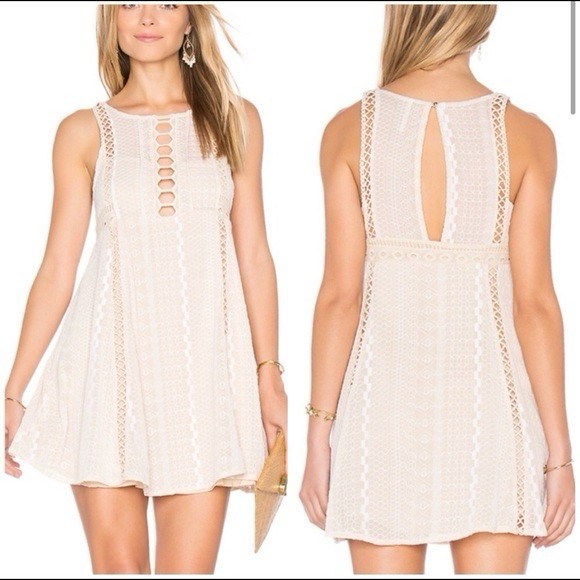 Free People Beige Lace Crochet Cut-Out A-Line Mini Dress Round Neck Button 4