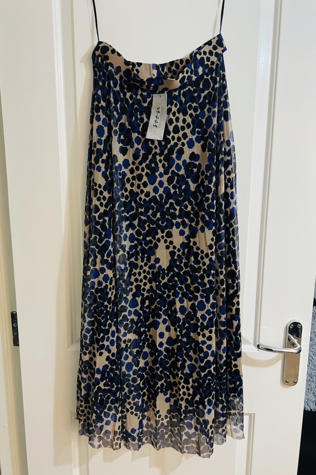 Soon Maxi Skirt Size 10 Beige Blue Black Splodge Print Mesh Lined Casual Party