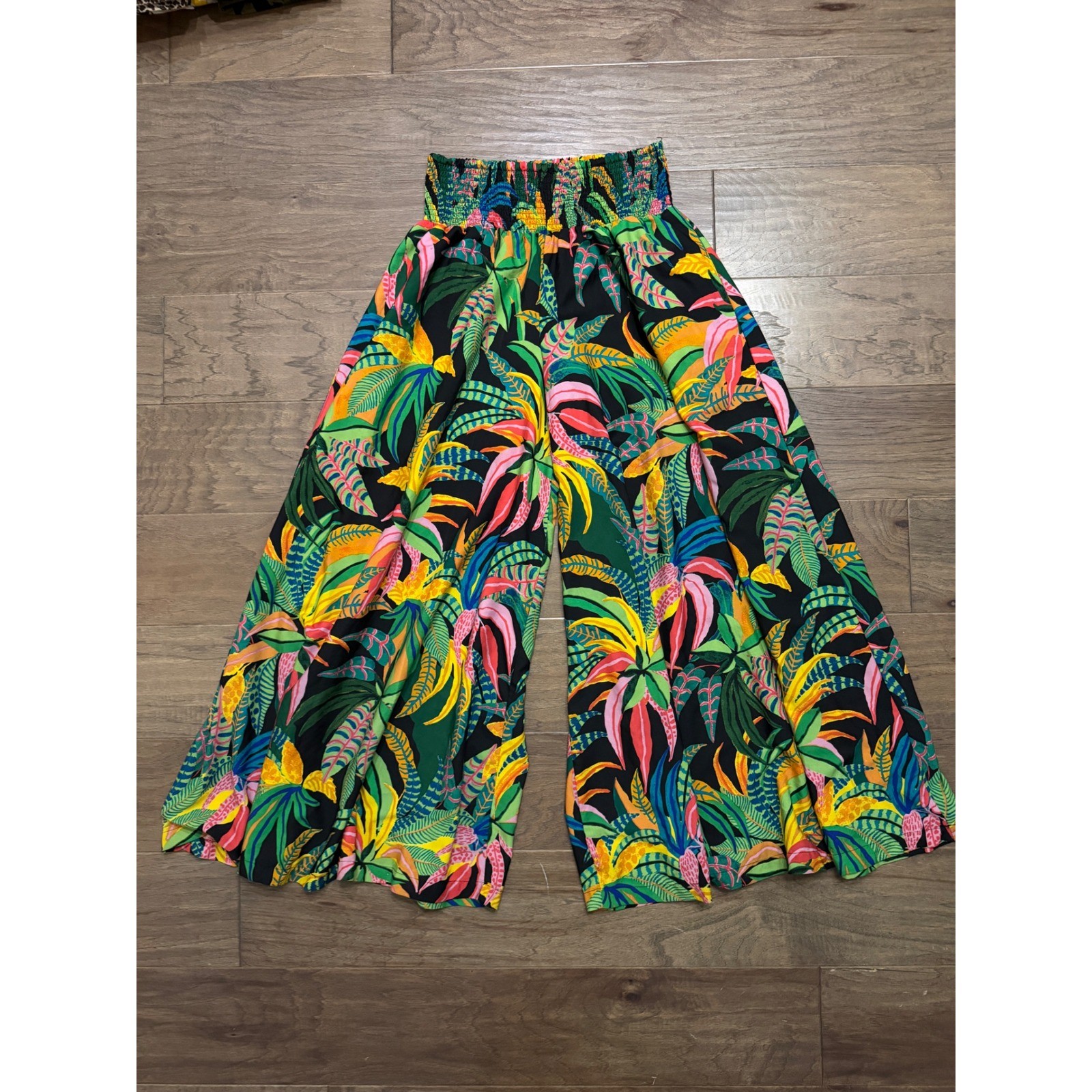 Live 4 Truth Tropical Leaf Print Smocked Waist Palazzo Pants Womens Large Black