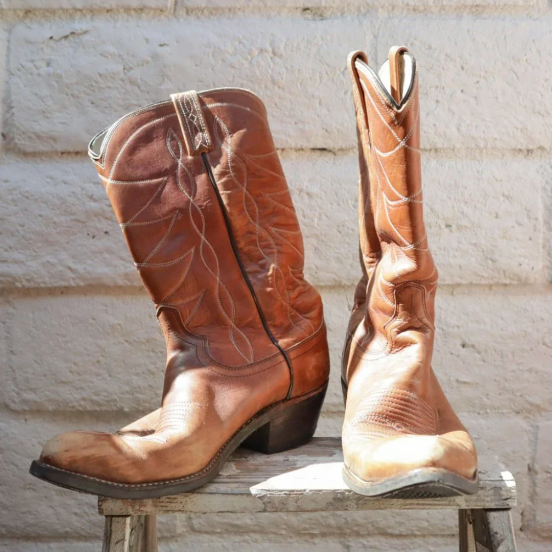 Vintage Mens Cowboy Boots GREAT COND. Dan Post Tan Genuine Leather Simple Style