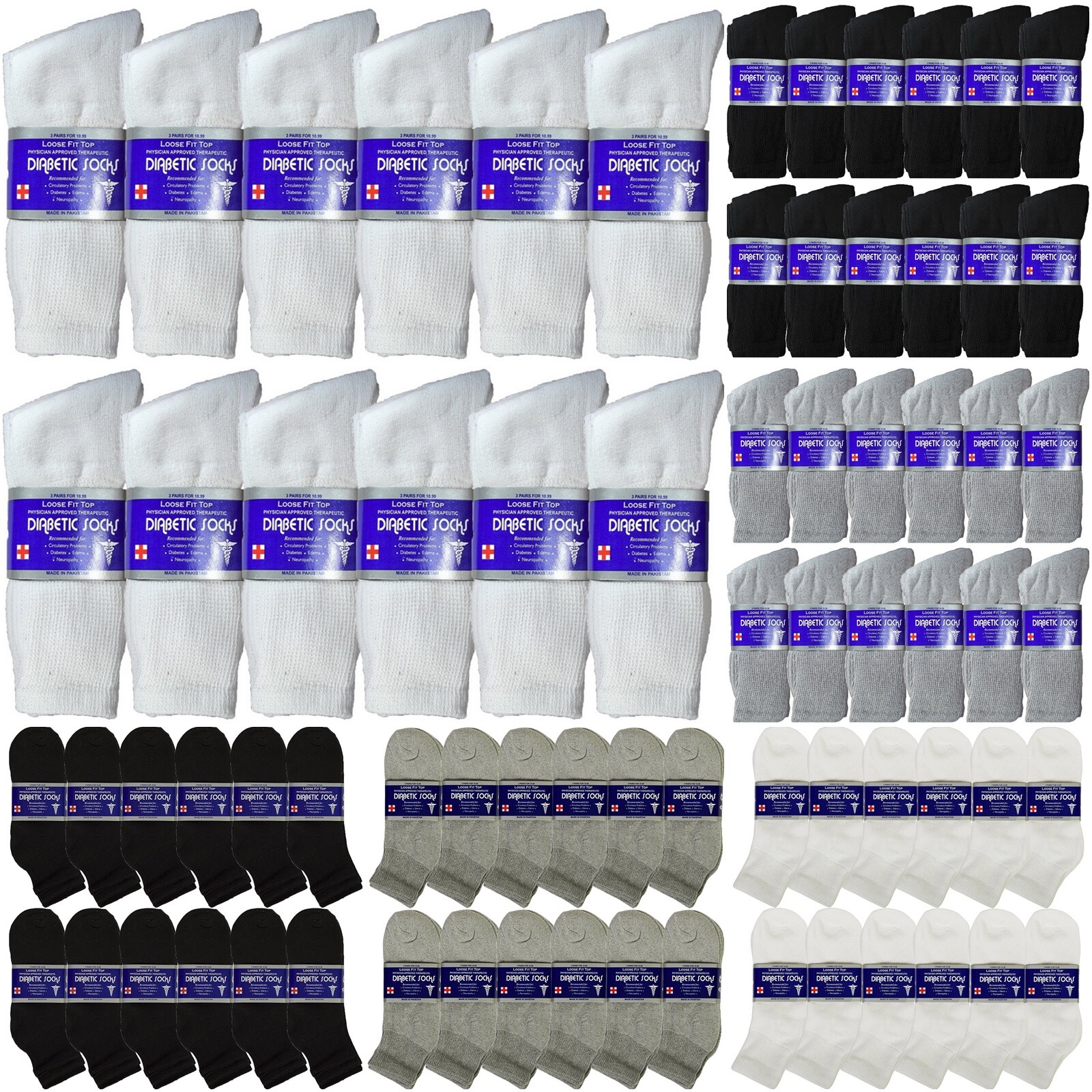 Lot of 12 Pair New Men Health Cotton Crew Ankle Circulatory Diabetic Socks10-13