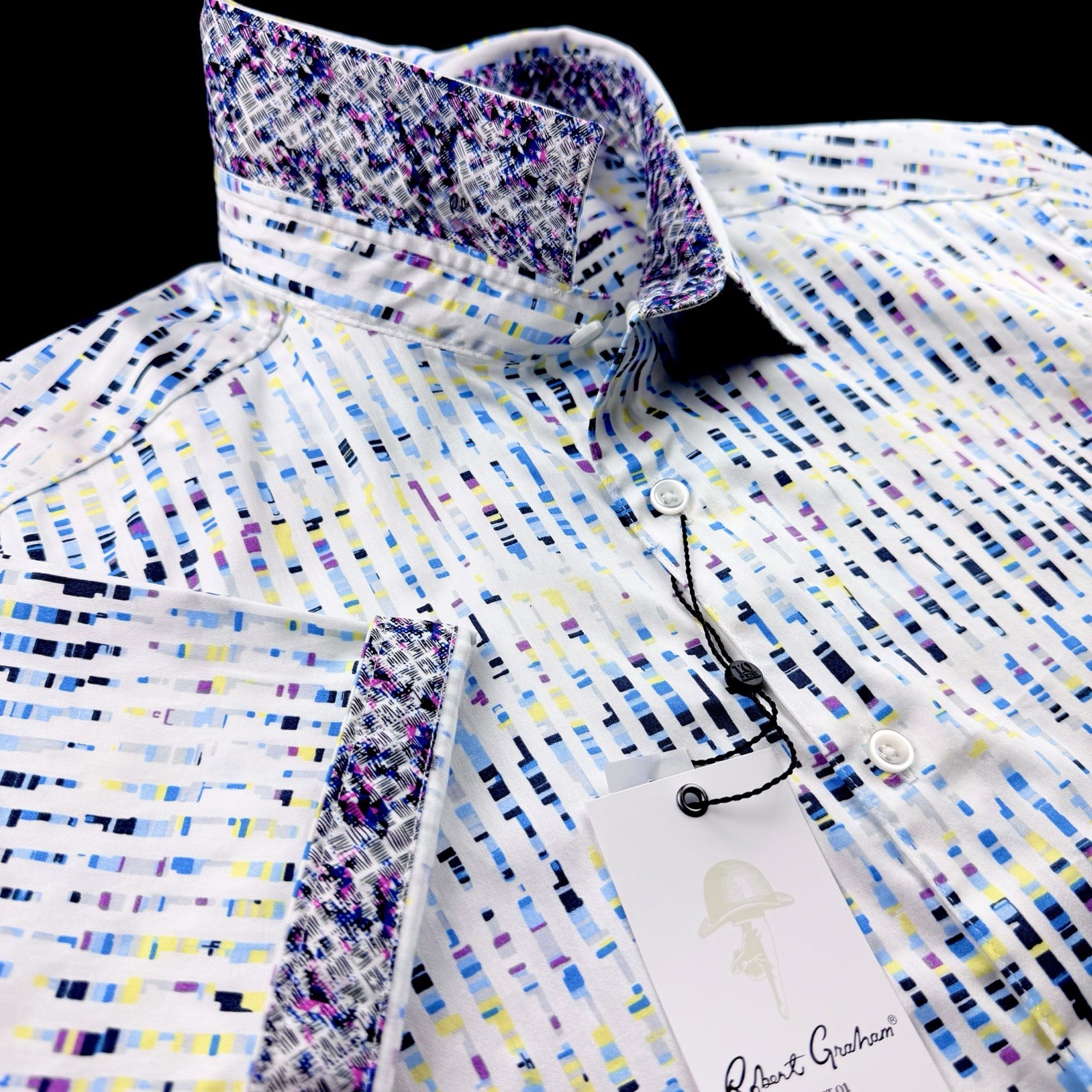 Robert Graham Geometric Abstract Colorful Print Short Sleeve Shirt White 2XL