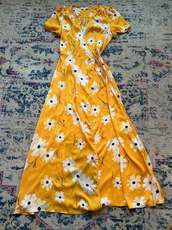 Madewell Puff-Sleeve Floral Yellow Daisy Wrap Midi/Maxi Dress – Small