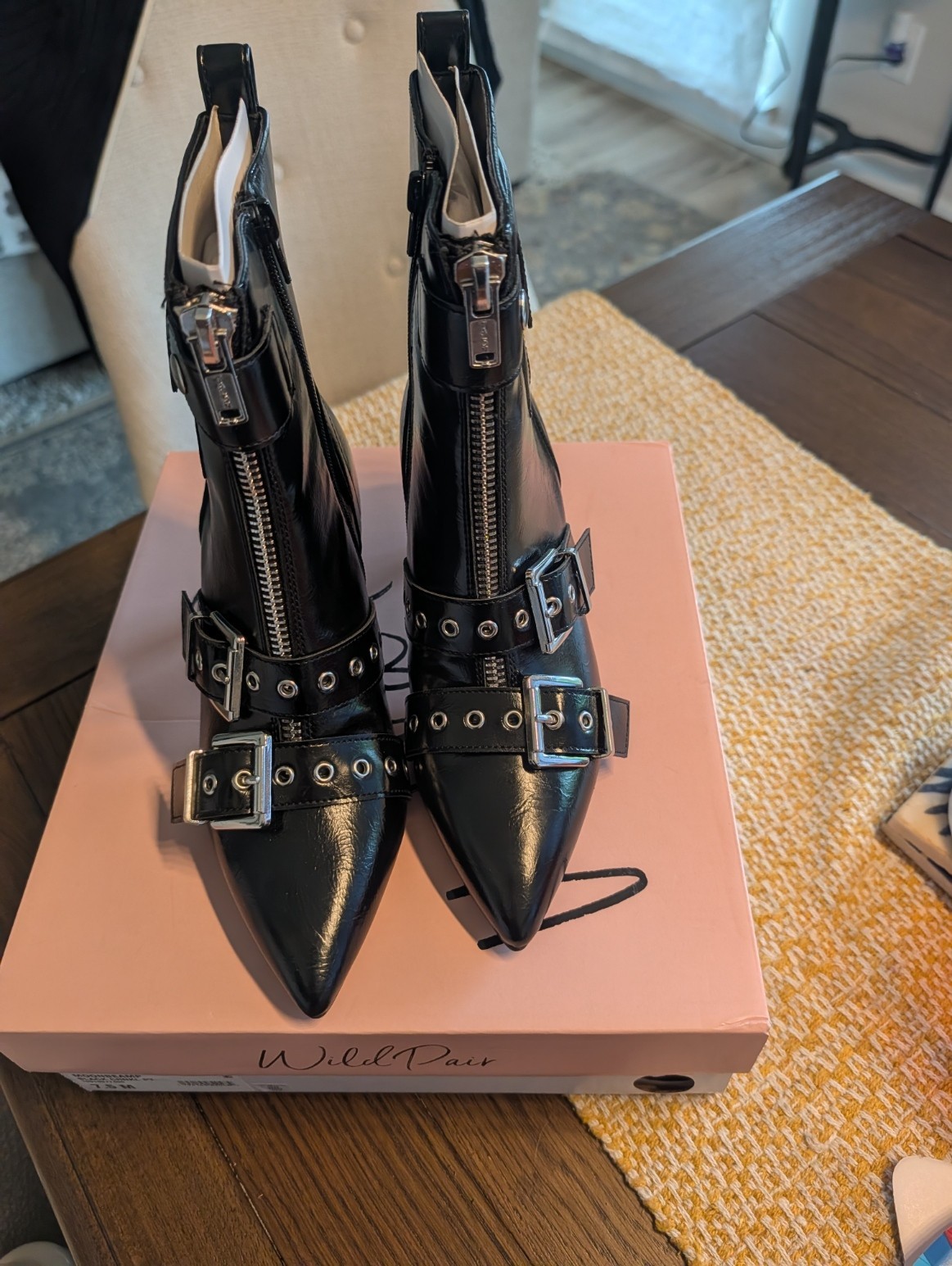 Black Patent Leather with buckles Kitten Heel Booties, size 7.5, new in box