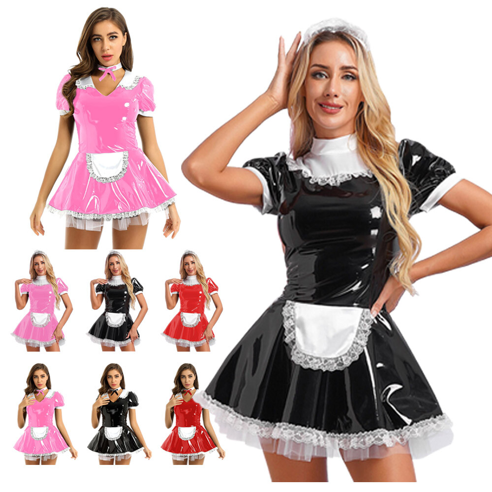 US Freebily Women Wet Look PVC Leather French Maid Costume Outfits Ruffles Dress