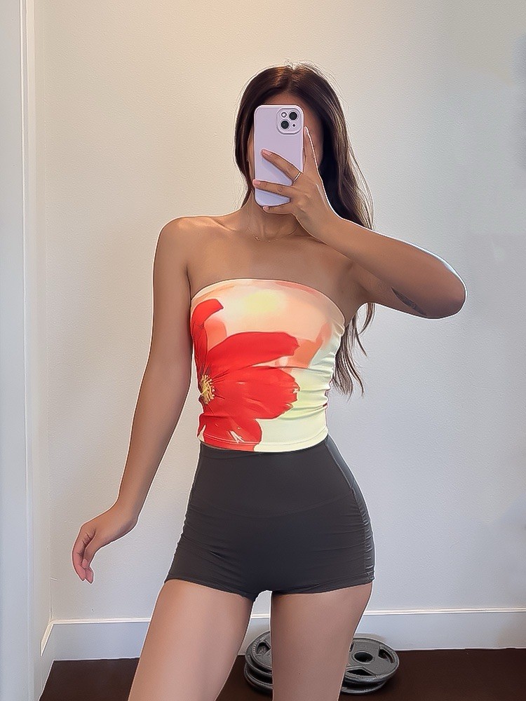 Women’s Strapless Floral Tube Top White/Red Quick-Dry Breathable Fitness Top