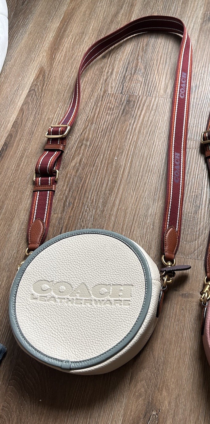 Coach Round White Crossbody Bag Burgundy Adjustable Strap Gold Hardware Logo