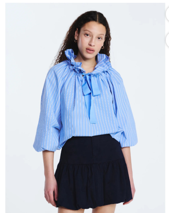 Free Assembly Puff Neck Tie Blue White Striped Ruffle Blouse Women NWT *26