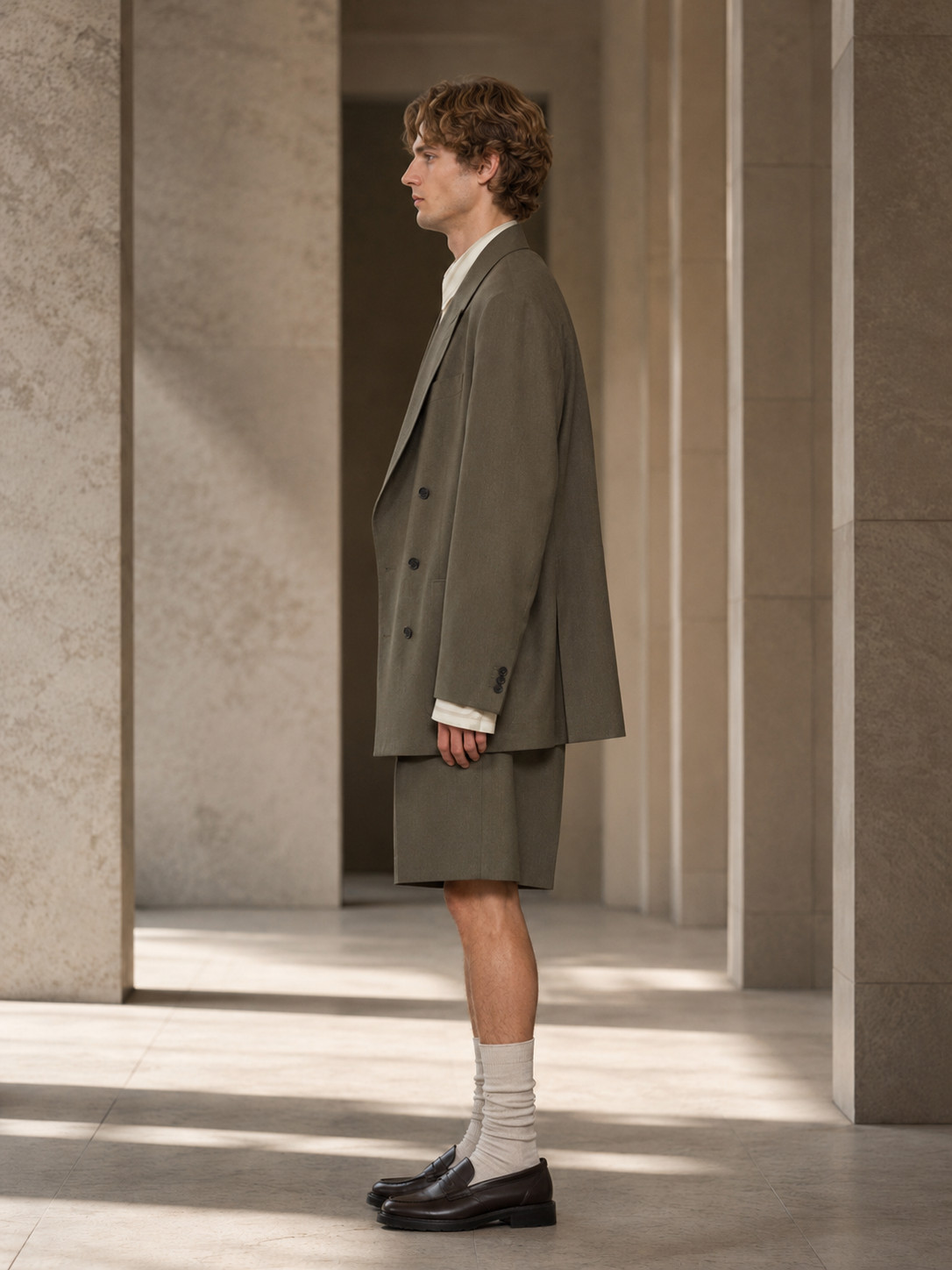 Mens Olive Brown 2 Piece Suit Oversized Blazer Tailored Shorts Runway Outfit