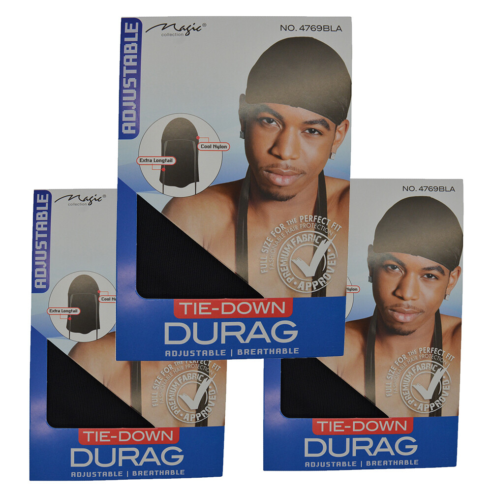3 pcs Magic “Black” Du rag Adjustable Breathable Extra Long Tail