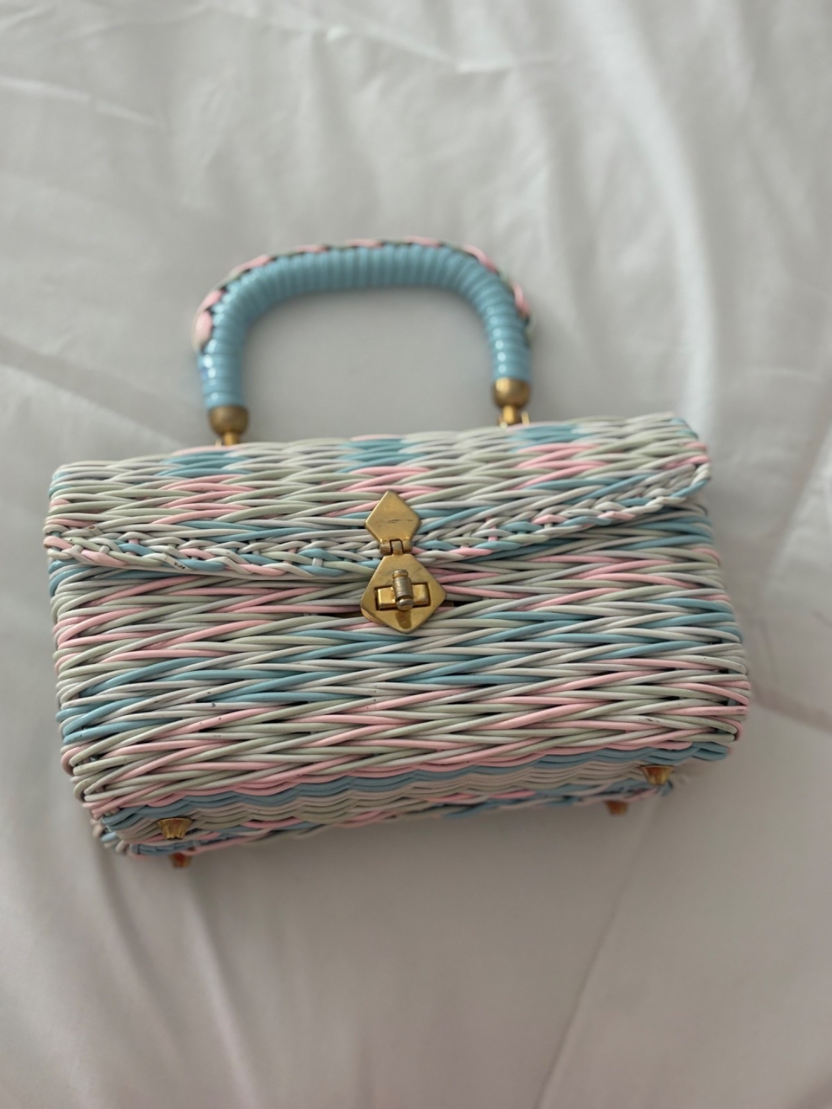 Vintage 1950s 1960s Lewis Multicolored Wicker Handbag Pastel Pink Blue Mid Centu
