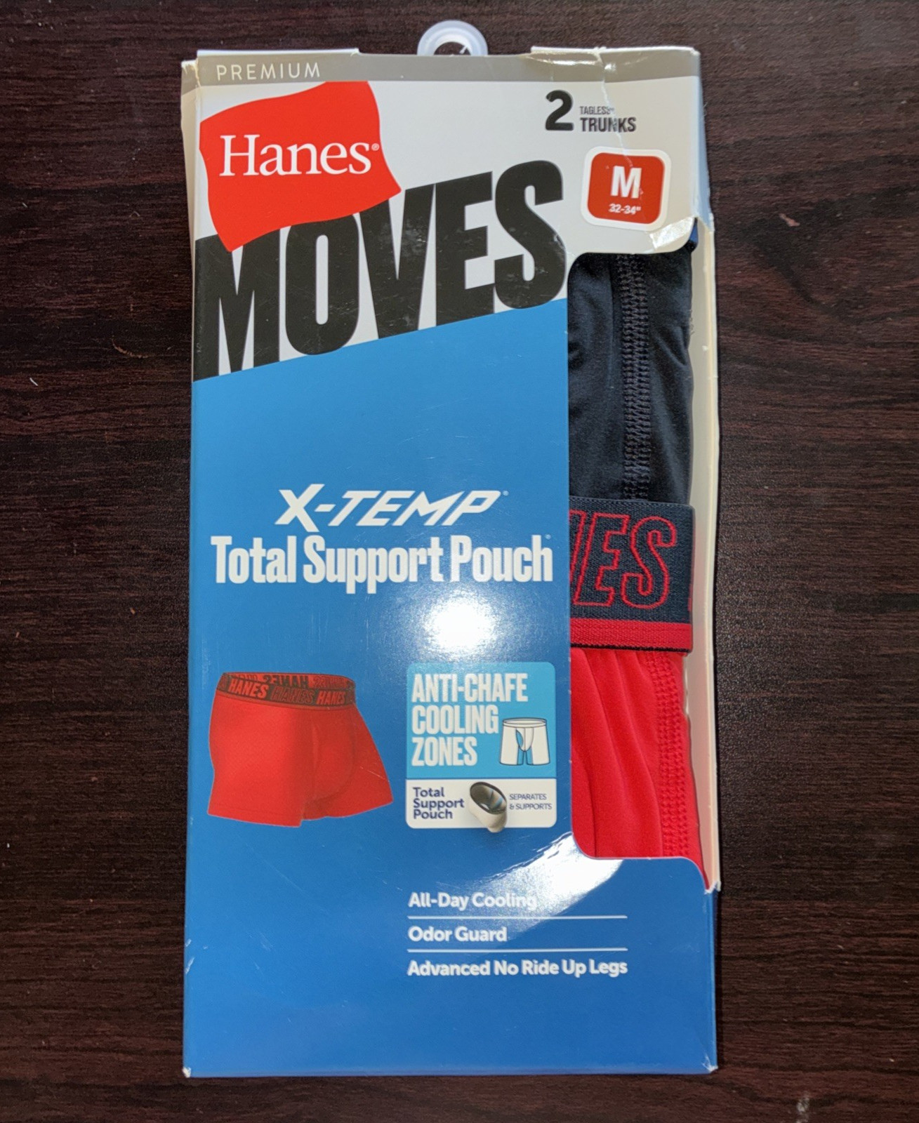 Hanes Moves X Temp Trunks Mens Medium 2 Pack Total Support Pouch Black Red